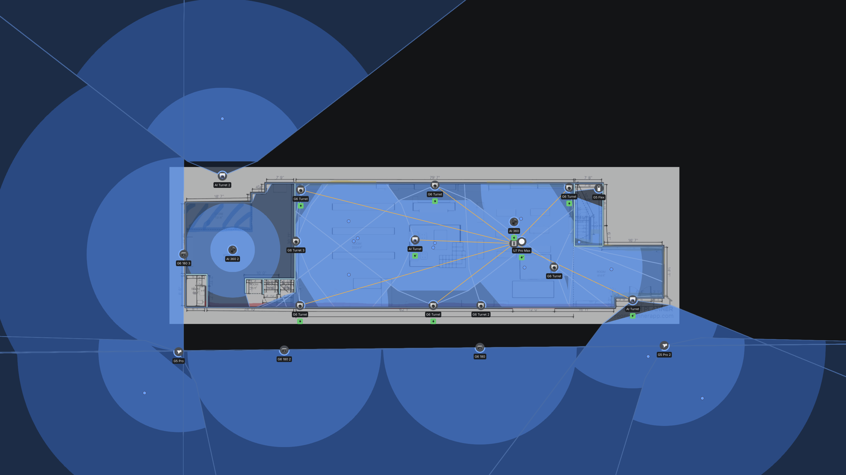 UniFi Design Center coverage diagram for Option B — six cameras with FOV arcs and LPR cones overlaid on BCA's floor plan