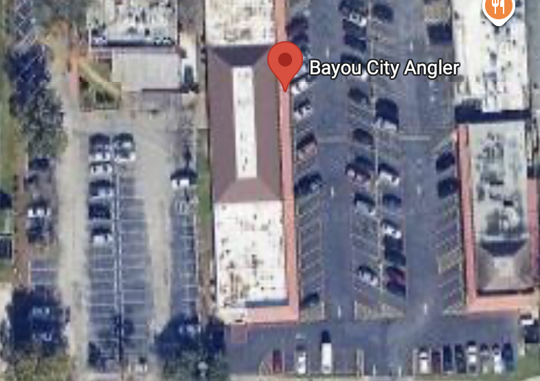 Aerial view of 8933 Katy Frwy with Bayou City Angler marked at the north end of the south tenant space